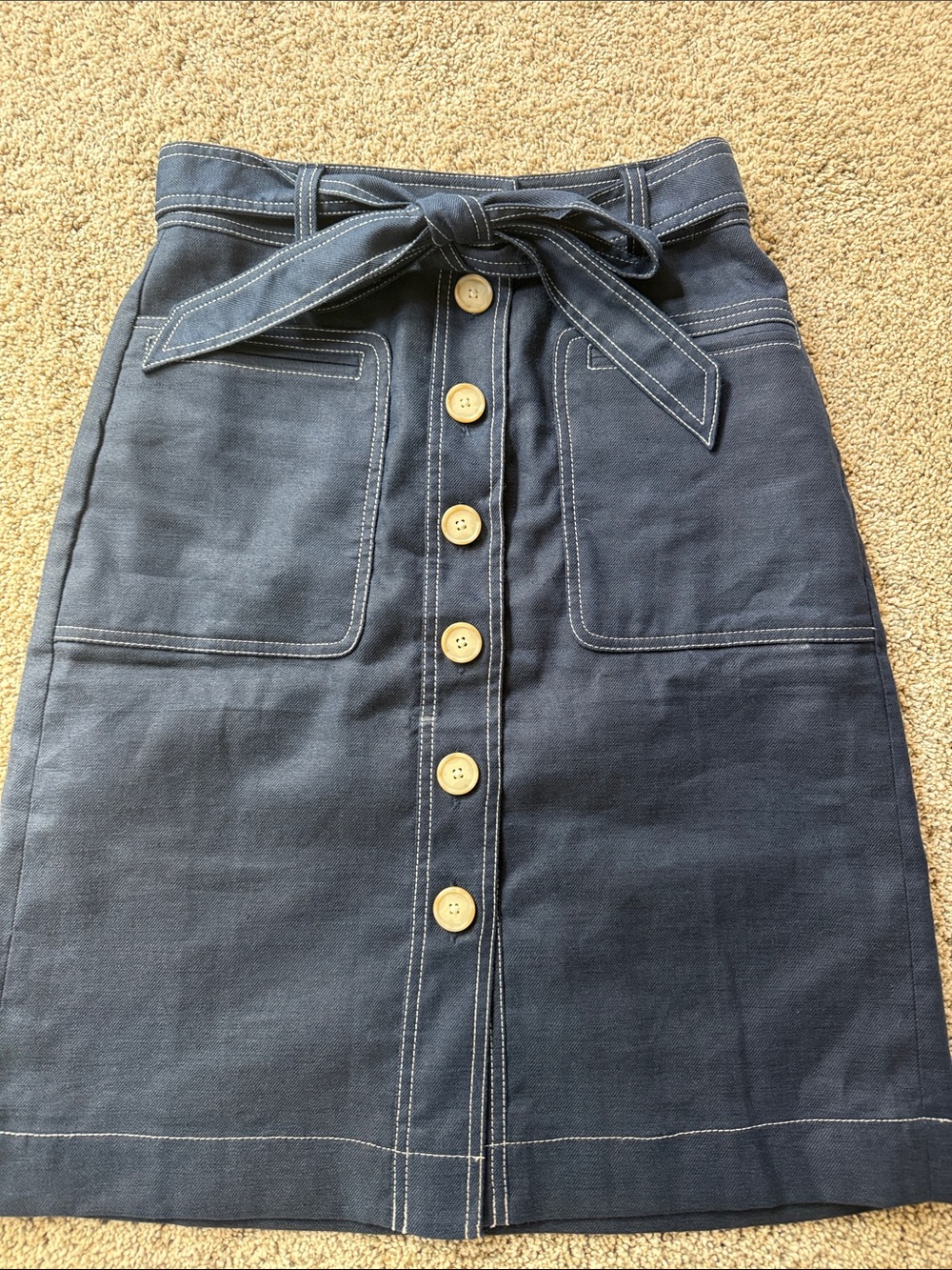 J. Crew Navy Button-Front Midi Skirt with Tie Waist